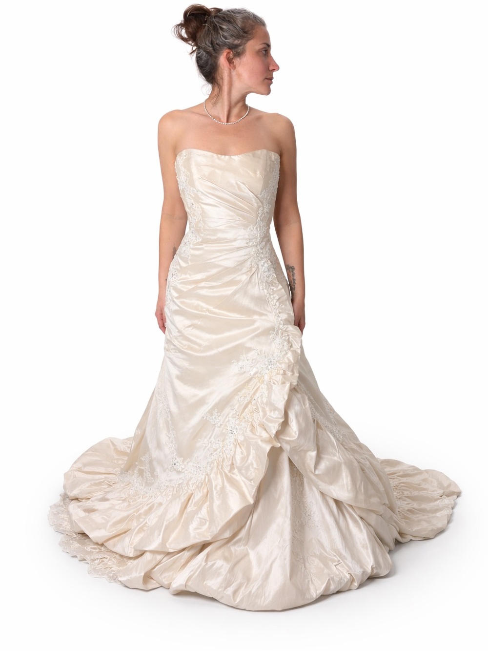 Timeless 2Be Bridal Champagne Satin Wedding Gown, Size 4, Beaded, Lace, Train